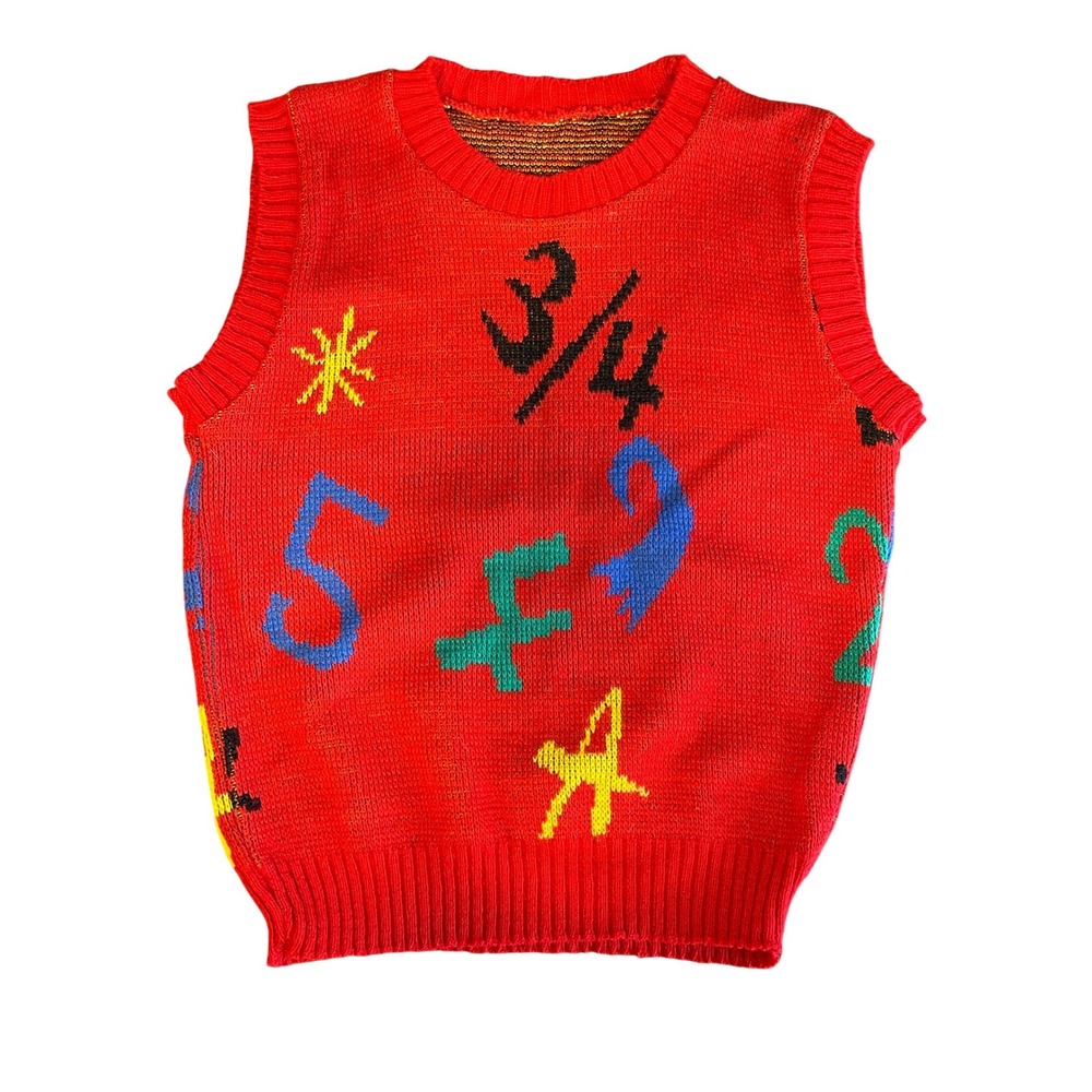 Kids Red Sleeveless Knit Vest Colorful Numbers & Symbols Graphic Math